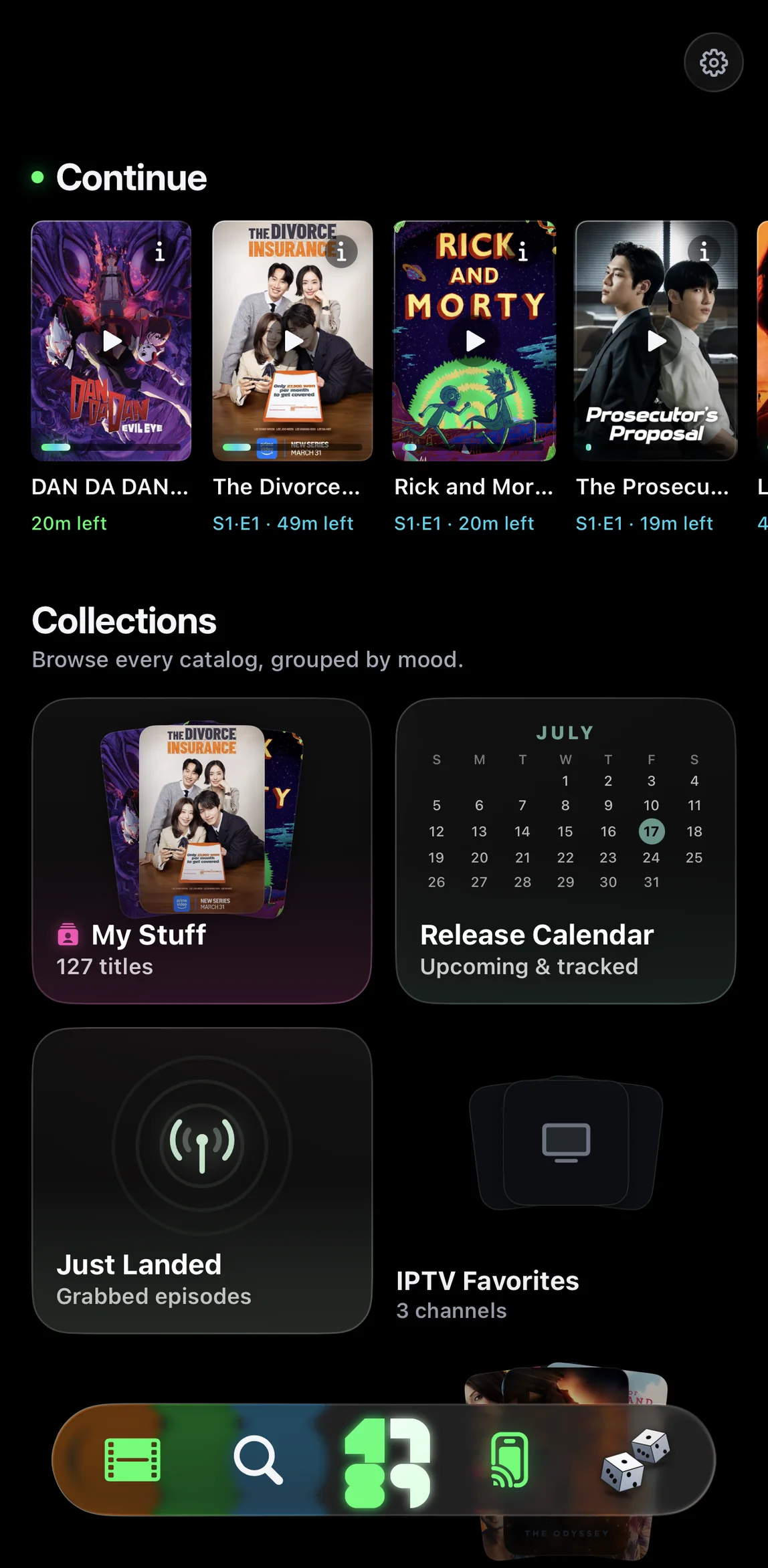 4789 home: Continue watching, Collections, and a live cast bar