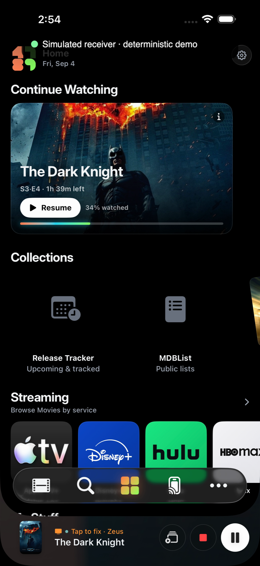 Simulated 4789 receiver demo showing a connected TV in the iPhone cast bar
