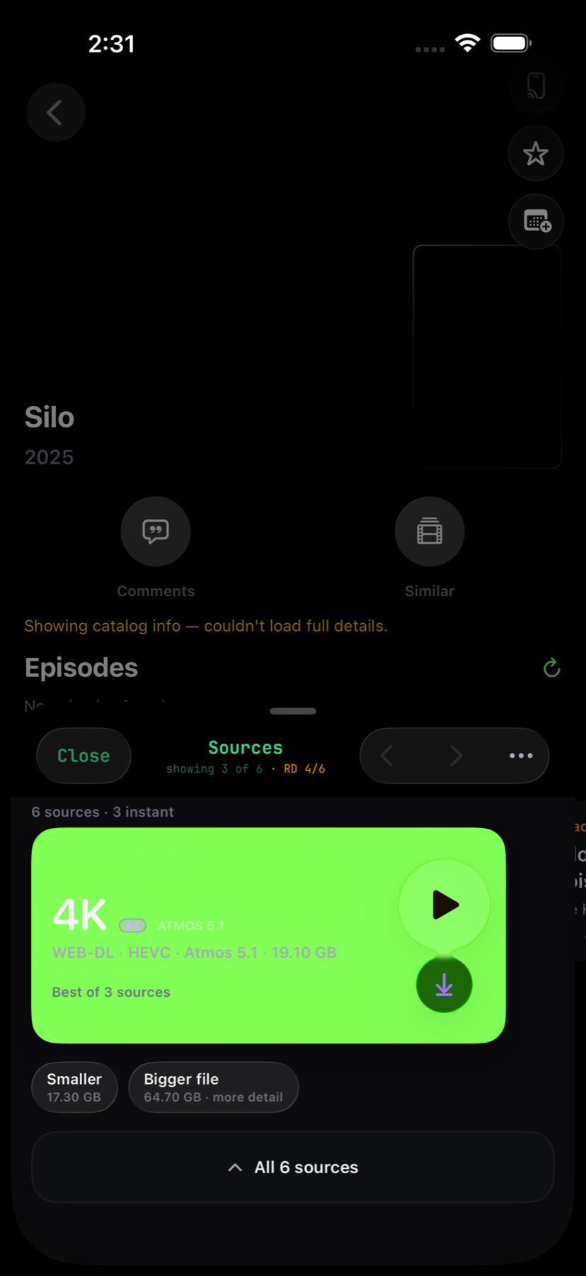 The 4789 source view showing quality, size, codec, and known provenance